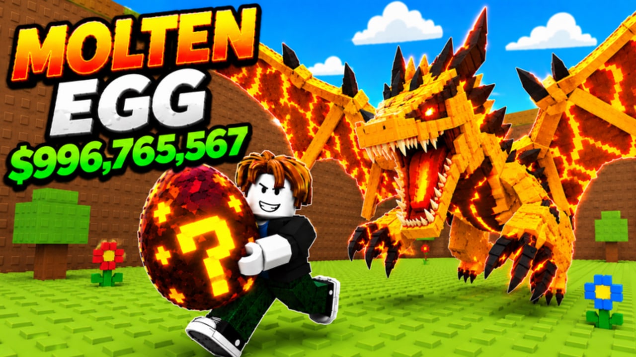 Player sprinting with a molten lucky egg while a lava dragon chases across a Roblox biome